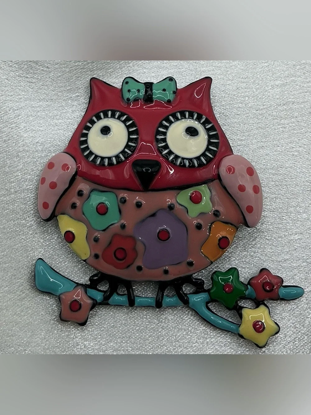 PINK MULTICOLOR PRINTED BELLY OWL WITH BOW ON BRANCH BROOCH NWOT